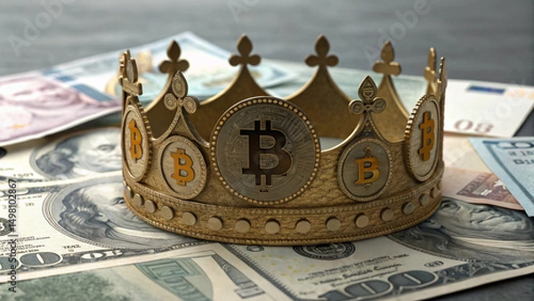 Fototapeta crown symbolizing bitcoin on banknotes, AI