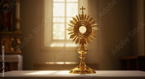 Fototapeta Corpus christi golden monstrance eucharist display for adoration in church with light shining from window view