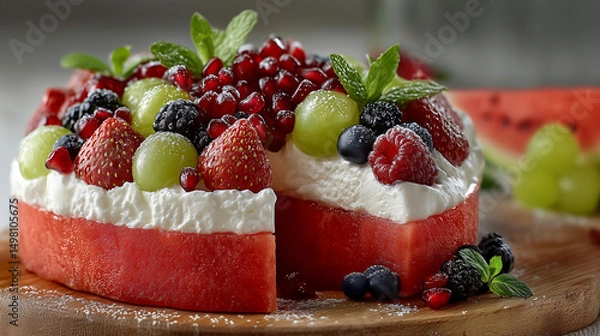 Obraz Healthy watermelon cake decorated with whipped cream, strawberries, blueberries, raspberries, blackberries, grapes, pomegranate seeds and mint leaves. 