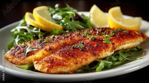 Fototapeta Baked fish fillet on a white plate with arugula and lemon slices