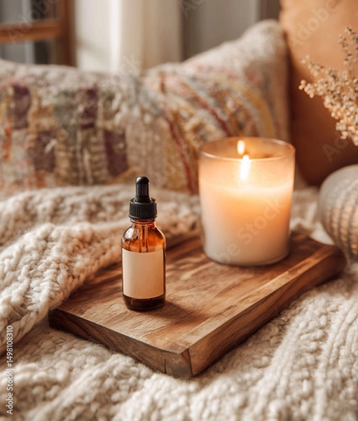 Obraz Face serum and burning candle on wooden tray creating relaxing atmosphere