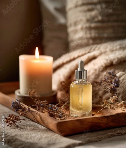 Obraz Face serum and burning candle on wooden tray creating relaxing atmosphere