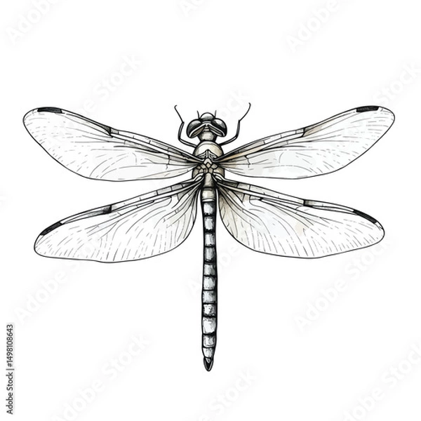 Fototapeta Detailed Dragonfly Illustration Monochromatic Wings and Segmented Body