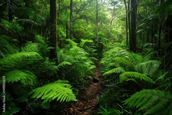 Obraz Lush greenery of the tropical rainforest in Australia showcasing vibrant ferns and dense foliage, Green botany vegetation of tropical rainforest, Australia Fern plants