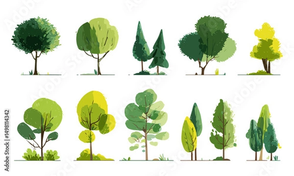 Obraz Cartoon trees isolated on white background, modern simple style, green forest plants, natural environment, wellness theme, organic growth, flat style vector illustration.