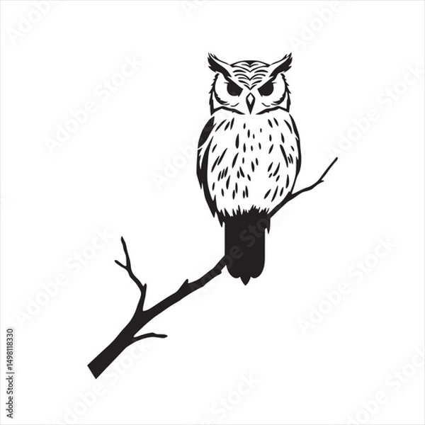 Fototapeta Silhoutee outline illustration of an owl sitting on a thin branch.