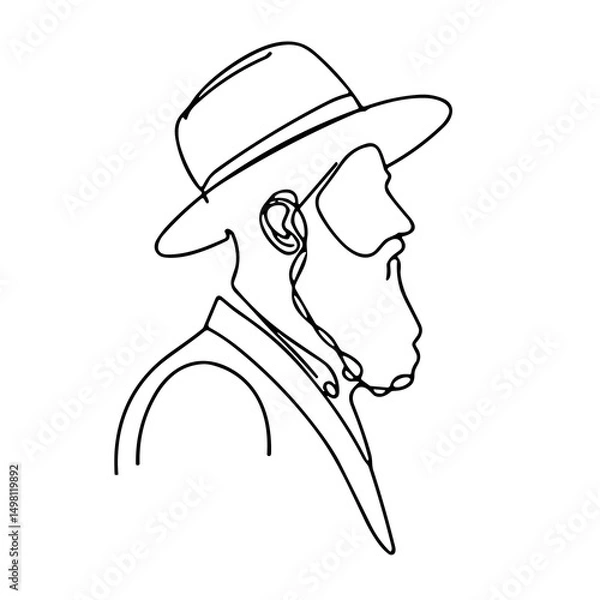Obraz Line art portrait of a man with beard and hat in profile view  