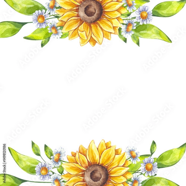 Obraz Watercolor blooming sunflower, chamomile flower, green leaves frame. Wildflowers daisies floral botanical drawing. Hand drawn illustration isolated white background. Wedding invitation, save the date