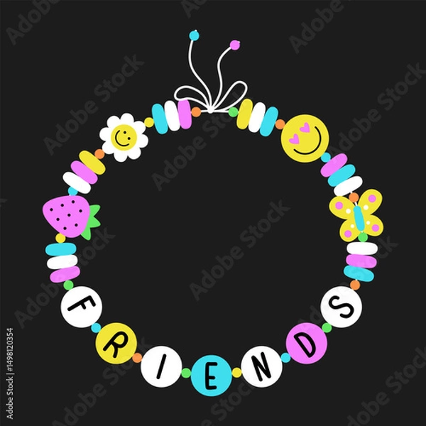 Fototapeta Beaded tie bracelet with Friends abbreviation. Y2K nostalgia 90s pop art style vintage BFF accessory design. EPS 10 vector retro  groovy illustration