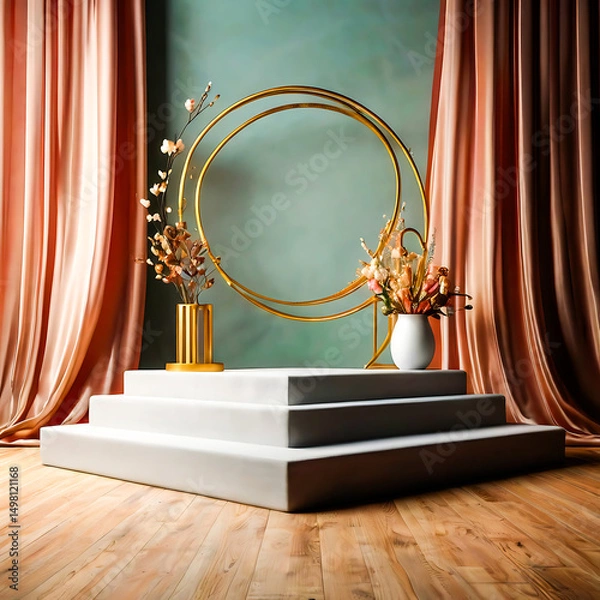 Fototapeta Elegant Three Tiered Display Platform with Gold Arch and Dried Flowers
