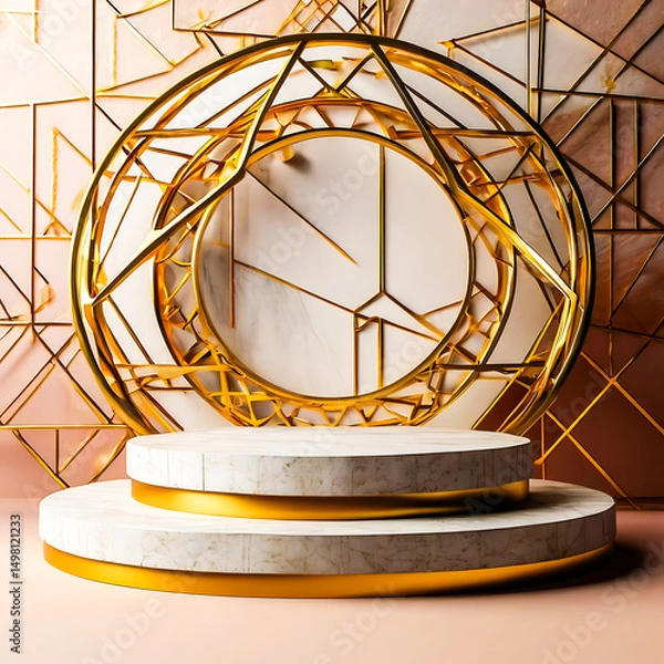 Fototapeta Elegant Two Tiered Marble Display Podium with Gold Geometric Frame