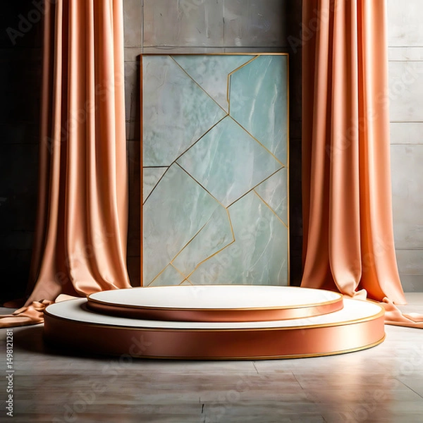 Fototapeta Elegant Rose Gold Product Display Podium with Peach Curtains and Marble Art