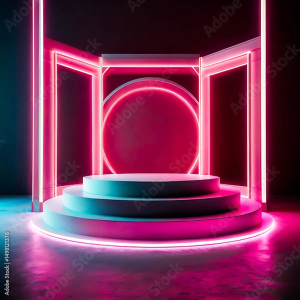 Fototapeta Neon Pink and Teal Lit Three Tiered Display Platform