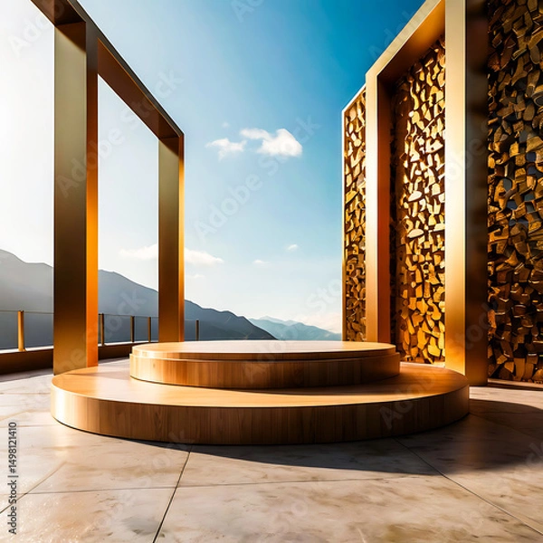 Fototapeta Modern Wooden Platform with Golden Architectural Elements and Mountain View