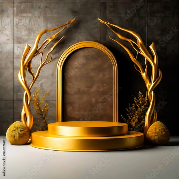 Fototapeta Elegant Gold Product Display Podium with Abstract Sculptures