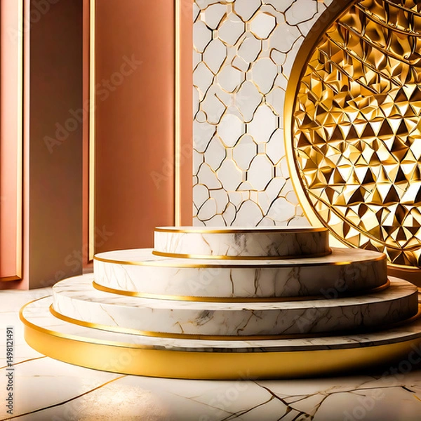 Fototapeta Elegant Three Tier Marble Display Stand with Gold Accents and Geometric Background