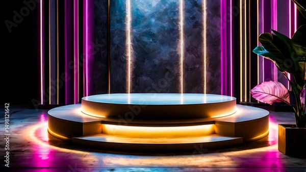 Fototapeta Modern Illuminated Round Podium with Neon Lights and Plant