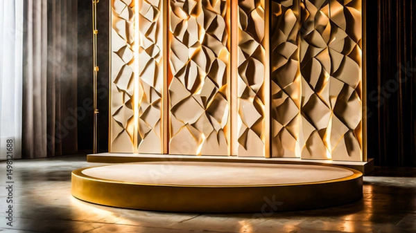 Fototapeta Elegant Gold and Beige Display Podium with Geometric Wall Panel