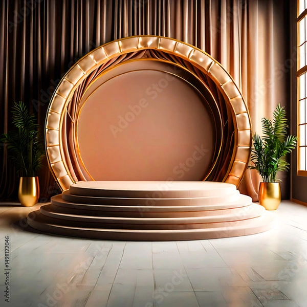 Fototapeta Elegant Beige and Gold Product Display Podium with Plants