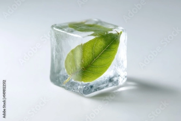Fototapeta Ice Cube with Leaf Inside