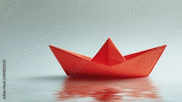Fototapeta Red Paper Boat on Pale Water Surface