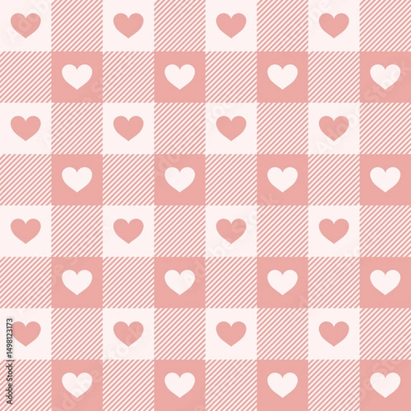 Fototapeta Love gingham seamless pattern. Checkered pink background with hearts. Textile texture for napkin, blanket and throw.