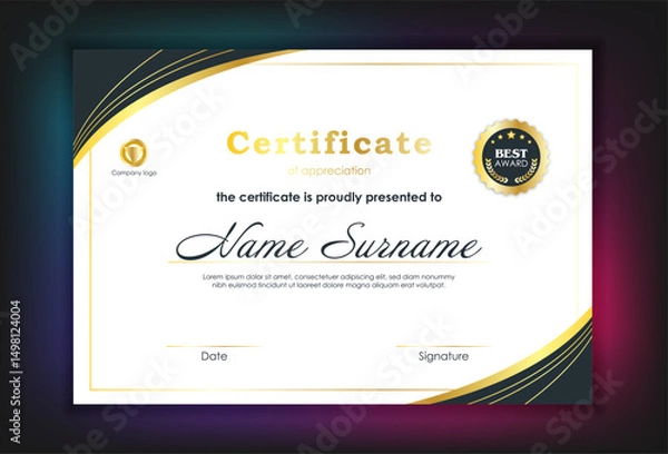 Obraz Certificate Of Achievement Award Template Design.