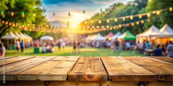 Fototapeta Families and friends enjoy an outdoor festival filled with lights, diverse food stalls, and a vibrant atmosphere as the sun sets over a lively park gathering
