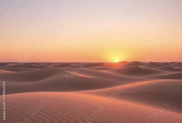 Fototapeta Warm hues of sunrise and sunset paint the vast desert landscape, with golden sand dunes stretching towards an arid sky, inviting summer adventure, Generative AI