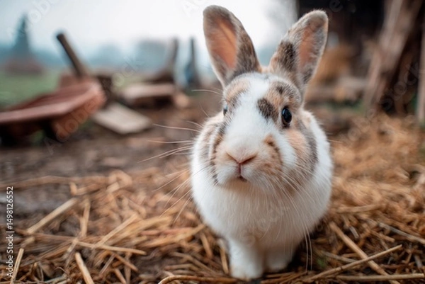 Fototapeta A curious rabbit wanders through a farmyard covered in straw, showcasing its playful nature. The tranquil morning light enhances the peaceful atmosphere of the countryside