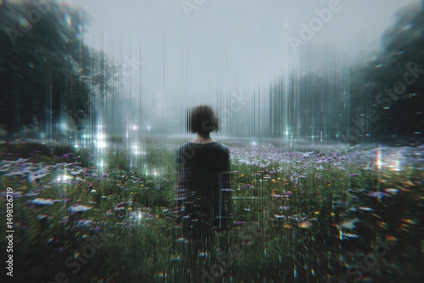 Obraz Person standing alone in a foggy field of flowers with digital glitch effects and light streaks