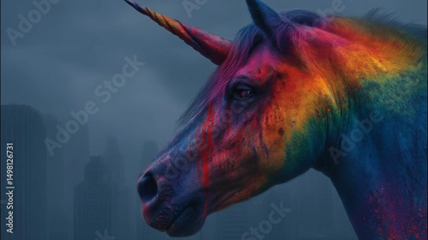 Obraz Colorful unicorn with rainbow body paint standing against dark foggy city skyline