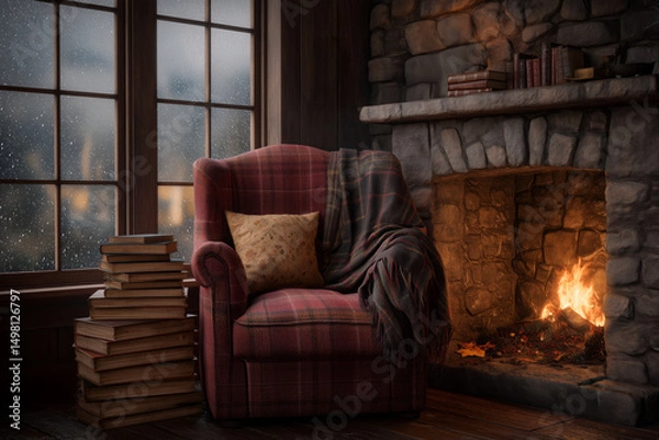 Obraz Cozy reading corner with red armchair, stack of books, stone fireplace and rainy window view