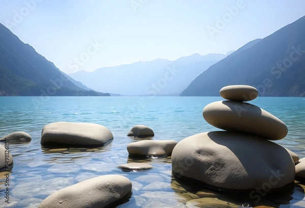 Fototapeta Balanced zen stones stack on a calm lake beach with nature's harmony, Generative AI