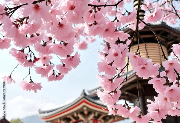 Fototapeta Pink and white Japanese cherry blossoms bloom beautifully on a tree branch in a spring garden, Generative AI