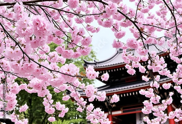 Fototapeta Pink and white Japanese cherry blossoms bloom beautifully on a tree branch in a spring garden, Generative AI