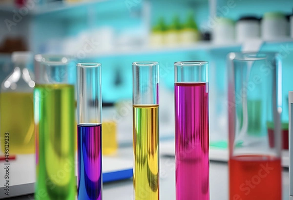 Fototapeta Colorful chemical liquids in laboratory test tubes for scientific research, Generative AI