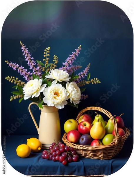 Fototapeta Elegant still life composition with a bouquet of white peonies and purple flowers in a pitcher beside a wicker basket filled with apples, pears, grapes, and lemons.

