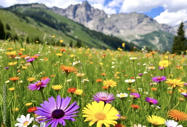 Fototapeta Wildflowers bloom in a vibrant alpine meadow under a clear summer sky, surrounded by beautiful green mountains, Generative AI
