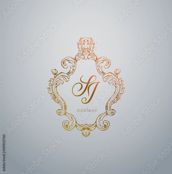 Obraz Hand-Drawn Wedding Wreath with Greenery and Blossoms