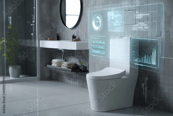 Obraz Smart toilet in modern bathroom displaying transparent interface with real-time nutrient and health data analysis visuals. Sleek, futuristic hygiene tech. ai generative