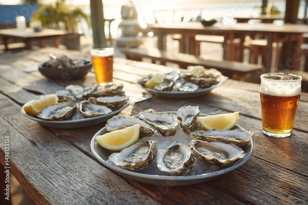 Fototapeta Plate of raw oysters with lemon, glass of dewed beer. AI Generative