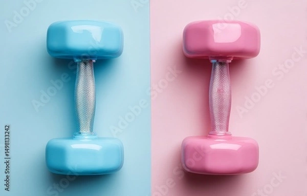 Obraz The image features a plastic dumbbell positioned on a blue background, accentuated by a pink pastel circle and shot from a top view to embody a minimalist approach to sports
