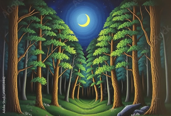 Fototapeta Moonlit night landscape with silhouetted trees under a dark sky of stars, Generative AI