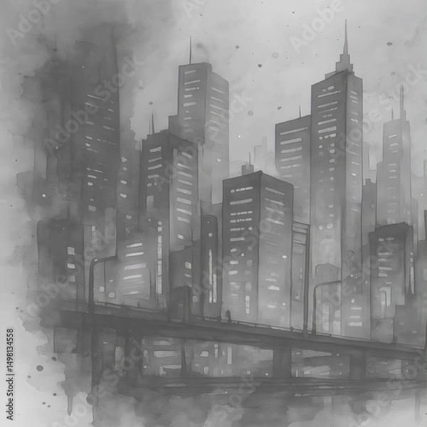 Fototapeta An artistic monochrome depiction of a sprawling cityscape, painted with an evocative watercolor effect, capturing the essence of urban life and architecture. 