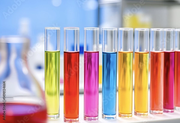 Fototapeta Colorful chemical liquids in laboratory test tubes for scientific research, Generative AI