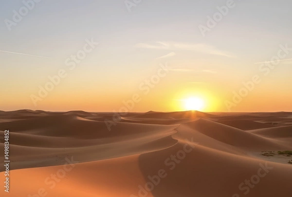 Fototapeta Warm hues of sunrise and sunset paint the vast desert landscape, with golden sand dunes stretching towards an arid sky, inviting summer adventure, Generative AI