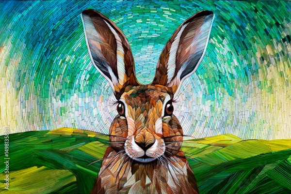 Fototapeta Mosaic painting image of portrait of hare against landscape backdrop 