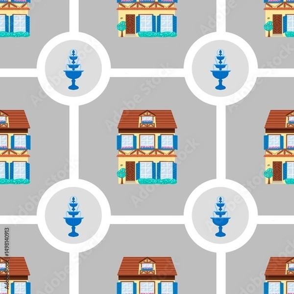 Obraz Seamless pattern featuring cute village houses and blue fountains arranged on a gray geometric grid. Ideal for kids’ products, fabrics, and home decor.
