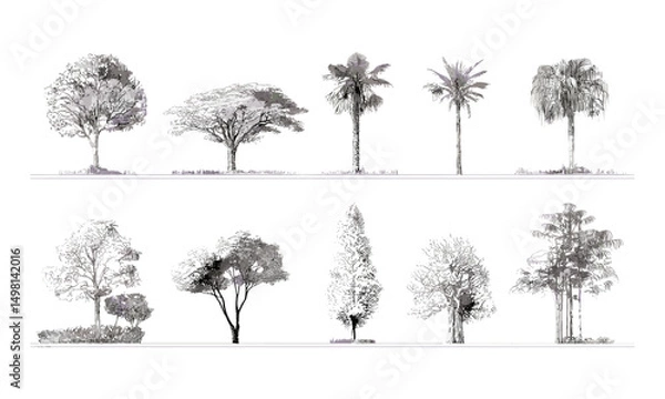 Obraz Side view cad tree line in minimal style, outline symbol for landscape and architectural design, tropical tree elements, vector illustration, urban planning graphics, landscape architecture.